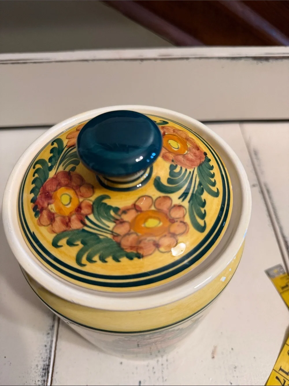 Pretty yellow and green cannister with lid.  Pottery from Greece.   AS IS!